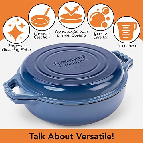 2-in-1 Enameled Cast Iron Braiser Pan with Grill Lid - 3.3-Quart Small Dutch Oven, Serves as Both Casserole & Stovetop Grill Pan, Cast Iron Cookware - Image 3