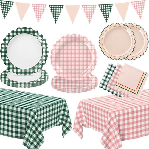 102 PCS Camp Bachelorette Decorations - Scalloped Gingham Plates, Napkins, Banner, Gingham Tablecloths for Baby Shower, Wedding, Birthday, Serves 25 by LINHAXM