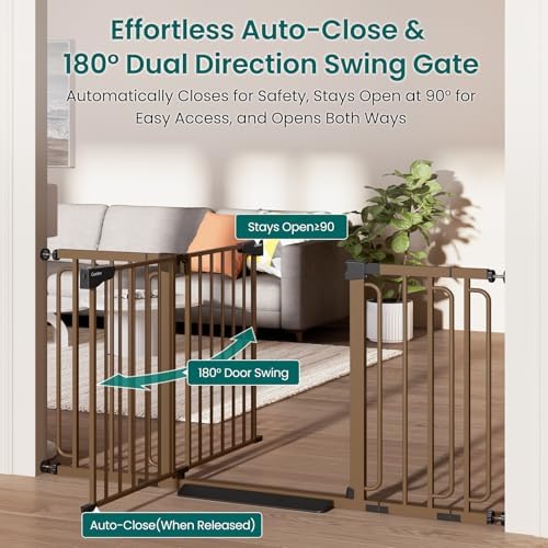 Cumbor 30.4-56.8" Extra Wide Baby Gate, Auto Close Dual Lock Dog Gate Brown - Image 5