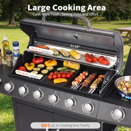 6-Burner Propane Gas BBQ Grill with Side Burner, Grill Cover, Charcoal Pan - Image 3