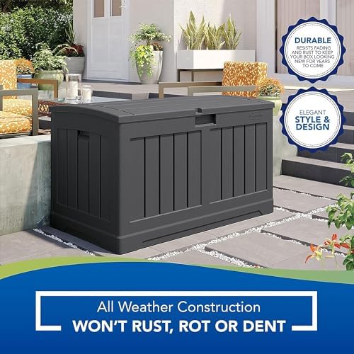 Suncast 50 Gallon Medium Capacity All Weather Construction Resin Outdoor Storage Deck Box with Arched Lid for Patio, Garden, or Pool, Peppercorn - Image 2