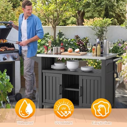 EasyUp Outdoor Storage Cabinet,Patio Storage Table, Bar Table with Wheels,Outdoor Bar Cart for Patio, Poolside and Backyard, Standard Black - Image 5