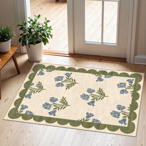 Front Door Mat Outside Entrance - 2x3 Floral Non-Slip Washable Doormat Indoor Outdoor Door Mat Sage Blue Floral Entry Rug Small Throw Rugs for Entryway Kitchen Front Porch Decor by Othilic