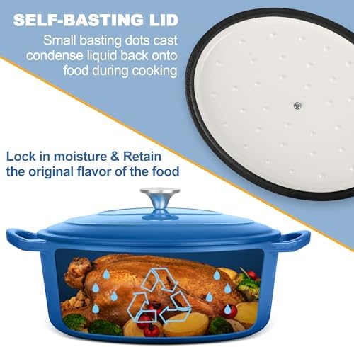 E-far 7QT Oval Dutch Oven Pot with Lid, Blue Enameled Cast Iron Dutch Oven - Image 5