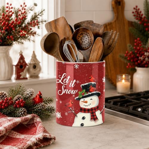 Christmas Snowman Kitchen Utensil Holder, Let It Snow Large Ceramic Utensil Holder For Countertop Organizer, 6.3'' Winter Cooking Utensil Crocks Festivel Decor Utensil Storage Cup for Kitchen - Image 3