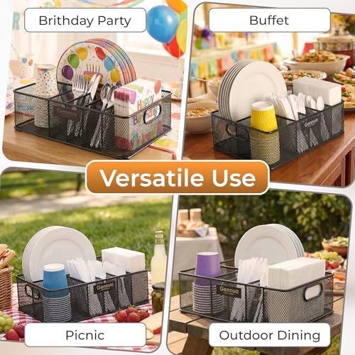Gennua Kitchen Paper Plate Organizer for Cabinet, Counter, Picnics, Parties & More, Extra Large Utensil Caddy Crafted of Thick Iron Mesh With 6 Compartments for Paper Plates & Plastic Silverware - Image 6