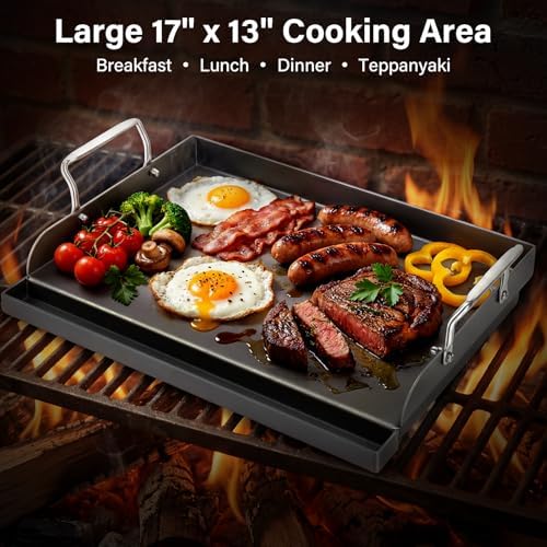 17" x 13" Cast Iron Flat Top Griddle - Oil Coating Non-Toxic - Universal Grill Insert with High Sidewalls, Fits Gas/Charcoal/Electric Grills (Weber, Charbroil, Nexgrill, More) - Image 4