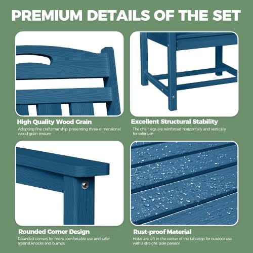 HDPE Outdoor Dining Set, Patio Table and 4 Chairs, 2" Umbrella Hole, Navy - Image 6