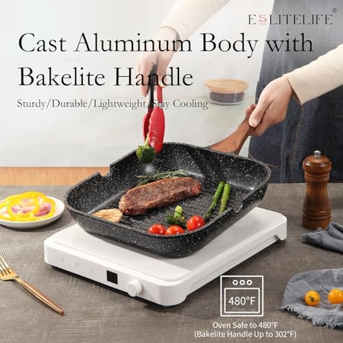 ESLITE LIFE Nonstick Grill Pan for Stove Tops, Versatile Griddle with Pour Spouts, 9.5 Inch Square Big Grilling Skillet Steak Pan for Indoor & Outdoor Cooking, PTFE & PFOA Free, Black - Image 5