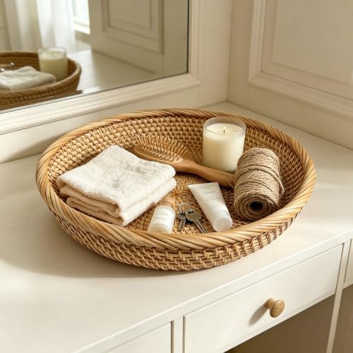 RT&BS Round Rattan Bread Basket, Rattan Fruit Basket, Rattan Decorative Tray, Rattan Keys Tray, Handwoven Storage Baskets for Kitchen, Dining Room, Store, Restaurant, Bathroom (M) - Image 6