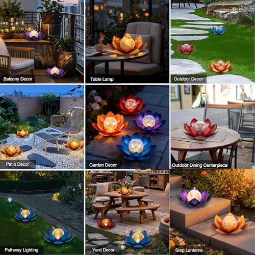 Huaxu Solar Lights Outdoor Garden Decoration Crackle Globe Glass Waterproof LED Metal Orange Lotus Flowers Gift for Mom,Women,Patio,Lawn,Walkway,Tabletop,Ground - Image 2