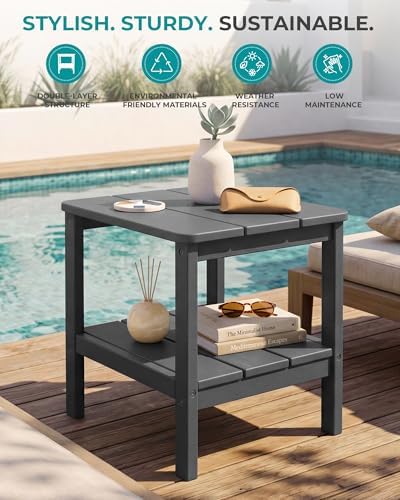 SERWALL Double Layer Adirondack Side Table with Umbrella Hole, HIPS Outdoor Side Table Rectangular End Tables for Patio, Poolside, Garden, Gray - Image 4