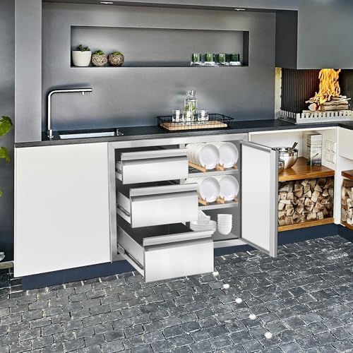 Outdoor Kitchen Drawer Combo 28" W x 20.1" H x 19.8" BBQ Triple Drawers & Access Door, Stainless Steel Cabinet, Perfect for Outdoor Kitchen Island Patio Grill Station - Image 2