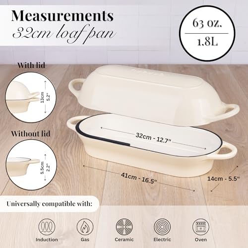 Enamelled Cast Iron Bread Loaf Pot – Dutch Oven For Sourdough Bread Baking – Oven Safe Non Stick Bread Pot – Rectangular, Cream, 34cm x 16cm – by Nuovva - Image 2