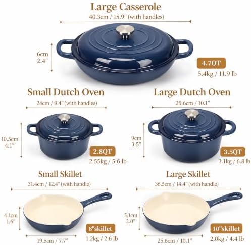 QuliMetal 5-Piece Navy Blue Enameled Cast Iron Cookware Set - Image 2