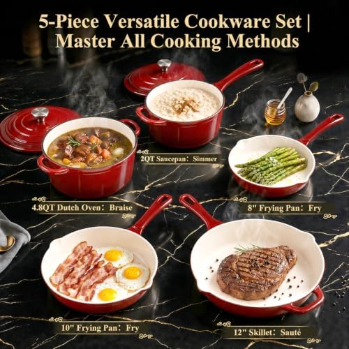 QuliMetal Nonstick Enameled Cast Iron Cookware Set, 5-Piece Pots and Pans Set with Lids, Skillet, Frying Pan, Saucepan & Dutch Oven for All Stovetops, PFOA Free, Ideal for Sourdough Bread Baking - Image 3