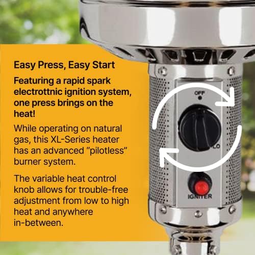 Golden Flame XL-Series Natural Gas Patio Heater, 45,000 BTU, 89" Tall, Push-Button Ignition, Anti-Tilt Safety, Wheels, Hammered Silver/Pewter - Image 4