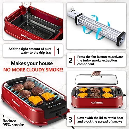 Indoor Grill, CUSIMAX Smokeless Grill Indoor, Electric Griddle, 1500W, Red - Image 4