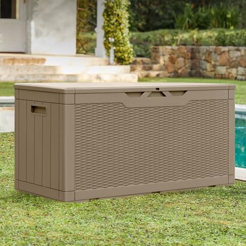 Greesum 100 Gallon Resin Patio Storage Box for Garden Tools, Coffee - Image 4
