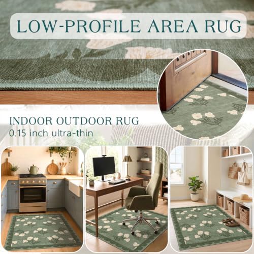 3x4 Floral Entry Rug - Small Washable Indoor Outdoor Mats for Front Door Non-Slip Spring Porch Rug Sage Green Farmhouse Throw Rugs for Living Room Bedroom Entryway Kitchen Office Porch Decor - Image 4