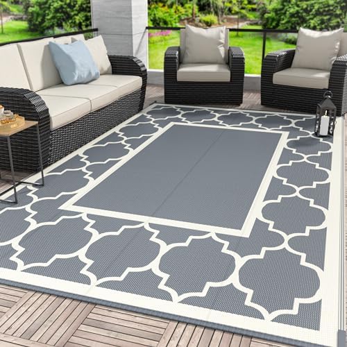 GENIMO Outdoor Rug, Waterproof Plastic Rugs for Patio, 5'x8' Grey White by GENIMO