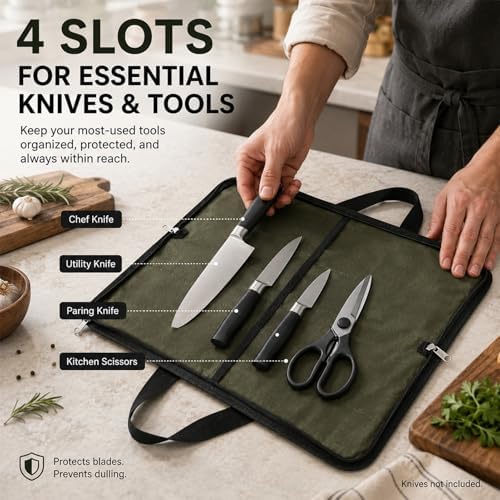 4 Slots Chefs Knife Roll Bag Zipper Waxed Canvas Case Army Green - Image 4