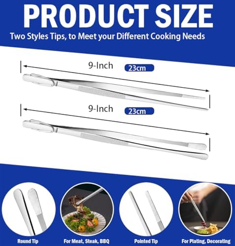 JETKONG 2 Pcs 9-Inch Kitchen Tweezers Cooking Tweezers Stainless Steel Tweezers Tongs (Silver) - Image 3