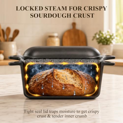QuliMetal 3.6QT Oval Dutch Oven for Bread Baking - Pre-Seasoned Cast Iron Sourdough Bread Pan with Lid, cast iron loaf pans for bread, Even Heat Distribution for Meatloaf, Homemade Bread - Image 5