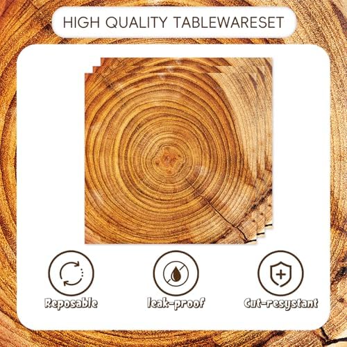 48pcs Camping Wood Grain Slice Party Decoration Set,16 Dessert plate,16 Napkin And 16 Fork,Disposable tableware for 16 persons,Used for Fire Camping Woodland Animal Lumberjack Party Supplies - Image 3