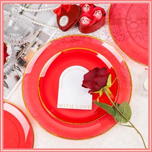 LIYH 180 Pcs Clear Red Plastic Plates Disposable - Red Dinnerware Set, Include Red and Gold Plates, Dinner Plate, Dessert Plate, Gold Plastic Silverware for Birthday Party - Image 2