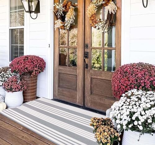 Grey and White Outdoor Rug 24"x51"Cotton Washable Striped Front Porch Rug - Image 7