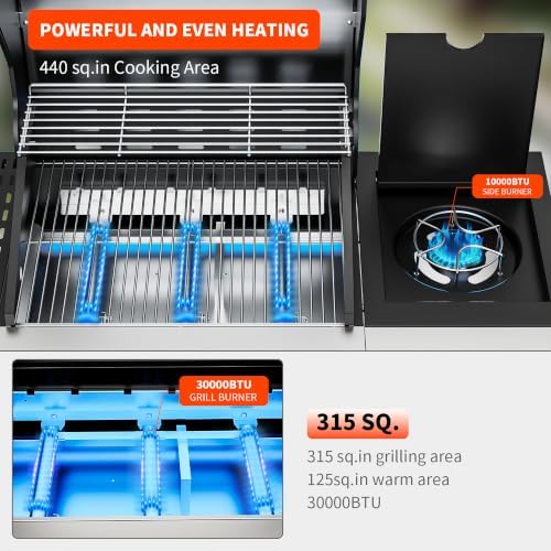 3-Burner Gas Grill with Side Burner, 40000 BTU Stainless Steel BBQ - Image 5