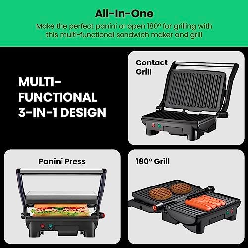Chefman Electric Panini Press Grill, Compact 2-Slice Sandwich Maker, Non-Stick Coated Plates, Opens 180 Degrees, Dishwasher Safe, Removable Drip Tray, Stainless Steel/Black - Image 3