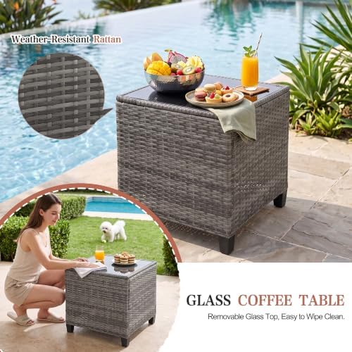 Vongrasig 5 Piece Patio Furniture Set, Small Balcony Furniture, PE Wicker Rattan Patio Chairs Set of 2, Outdoor Lounge Chairs with Cushions Ottomans &Glass Table for Porch Garden(Navy Blue) - Image 6