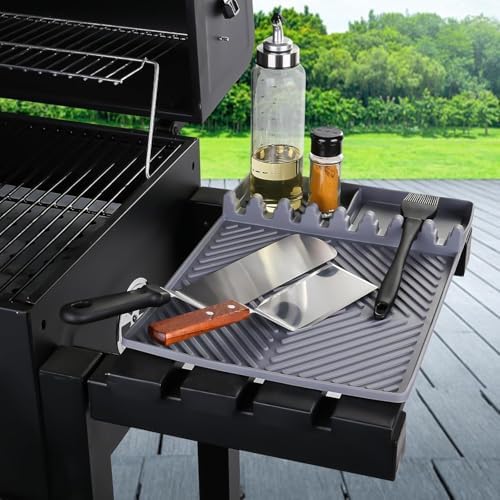 Silicone Griddle Tool Mat for Blackstone, Heat Resistant Side Shelf Mat with Drip Pad – BBQ Grill Accessories for Outdoor Grill, Kitchen Counter, Spatula Holder, Cooking Organizer (2, Gray) - Image 2
