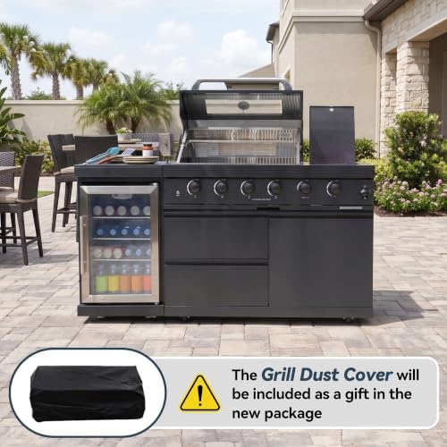 65-Inch 4-Burner 72000 BTU Stainless Steel Outdoor Kitchen Island Propane Gas Grill + Wine Cooler Refrigerator + Rotisserie Kit + Granite Countertops - For Large Backyard Gatherings, Black - Image 4