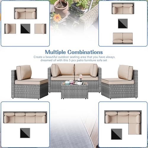 Shintenchi 5 Piece Outdoor Patio Furniture Set with Silver PE Rattan, Khaki - Image 3