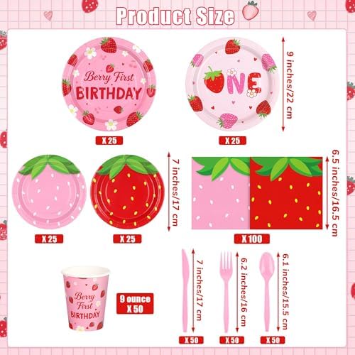 Kochorie 400 Pieces Strawberry Disposable Tableware Sets, Summer Fruit Party Supplies with Strawberry Birthday Party Plates Cups Napkins Cutlery Serves 50 for Berry First Birthday Decorations - Image 2