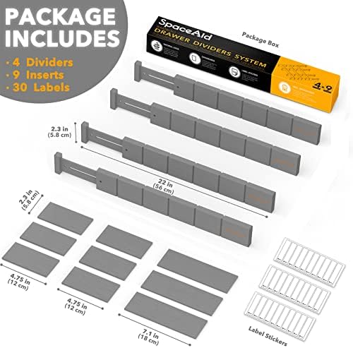 SpaceAid Bamboo Drawer Dividers with Inserts and Labels, Kitchen Adjustable Drawer Organizers, Expandable Organization for Home, Office, Dressers, 4 Dividers with 9 Inserts (17"-22" Gray) - Image 4
