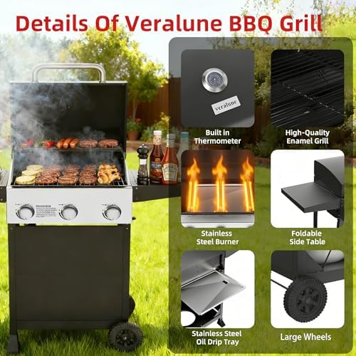 Veralune 3 Burner Gas Grill, Outdoor Propane Grill with Wheels, 445 SQ. IN - Image 3