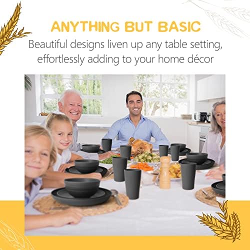 Teivio 16-Piece Kitchen Plastic Wheat Straw Dinnerware Set, Service for 4, Dinner Plates, Dessert Plate, Cereal Bowls, Cups, Unbreakable Plastic Outdoor Camping Dishes, Black - Image 6