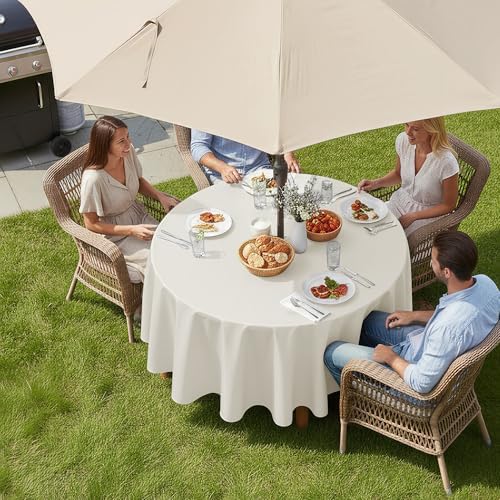 LUSHVIDA Round Outdoor Tablecloth with Umbrella Hole 60 Inch Beige - Image 2