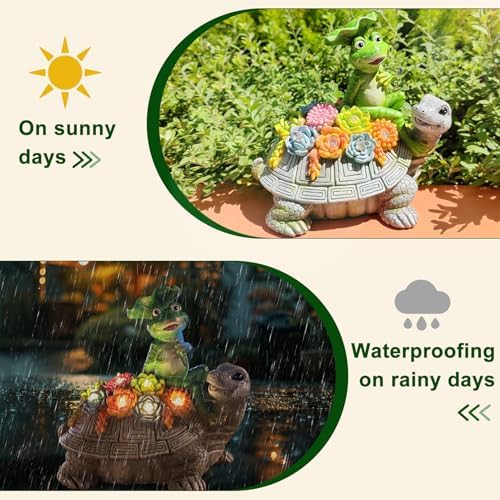 Solar Garden Outdoor Statues Turtle& Frog with Succulent and 8 LED Lights - Image 3