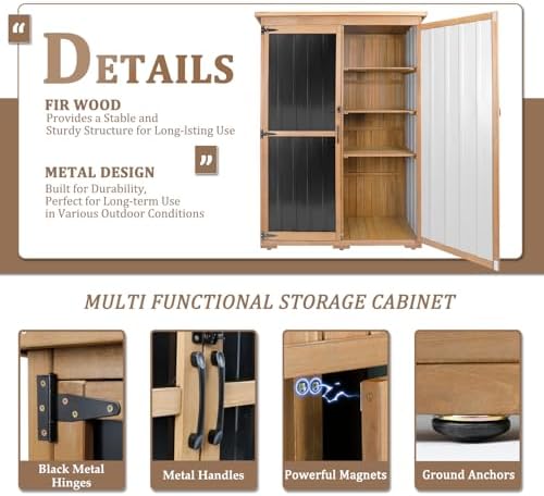 46" L Large Outdoor Storage Cabinet with Shelves, Wood & Metal Storage Shed Weather-Resistant, Outside Storage Cabinet for Garage Patio Backyard Garden with Waterproof Roof - Image 5