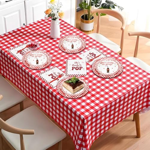 She's Ready to Pop Party Decorations 25 Guests，125 Pcs Baby Shower Paper Plates Napkins Forks Set Tableware，Disposable Red Gingham Paper Plates Set for Camping, Picnic, Baby Shower Party Decoration - Image 5
