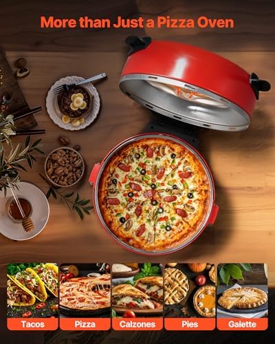VEVOR 14 in Pizza Oven Indoor, XL Large Electric Pizza Maker, 1600W Home Compact Pizzas Cooker with Timer & Temp Knob, 5 Heating Level, Max 698 ˚F Countertop Oven with Cutter & Scraper, Retro Red - Image 5
