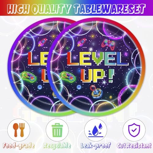 40pcs Video Game Party Supplies,include 20 Dessert plate and 20 Napkin,Neon Video Game On Party Plate Napkin Set,Used for Level Up Party Decoration - Image 3