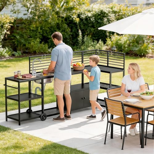 LEVELEVE Modular Outdoor Kitchen Island 5-Piece Set, Aluminum Outdoor Prep Station Grill Cart with Independent Sink, Storage Cabinets & Shelves for Backyard Patio Deck - Image 7