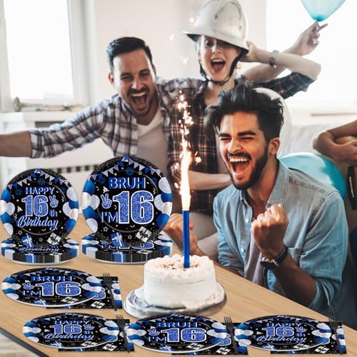 96PCS 16th Birthday Party Paper Plates and Napkins and Forks Set for Blue and Silver Bruh I'm 16 Years Old Party Paper Plates Disposable Decor Happy 16th Parties Set for Teens Birthday Decorations - Image 5