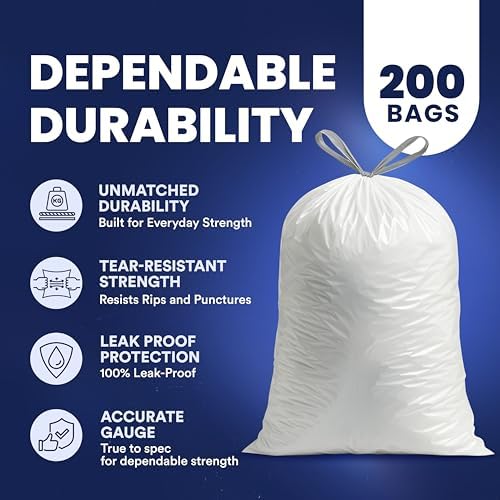 Plasticplace 8 Gallon Trash Bags -White Drawstring Garbage Can Liners - 200 Count - Leak-Resistant and Tear-Proof for Kitchen, Bathroom, Office, and Small Trash Cans 0.7 Mil - Image 4